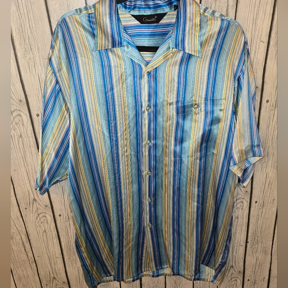 VTG Genelli Silk Shirt MULTICOLOR Striped Short Sleeve Shirt - Sz L EUC